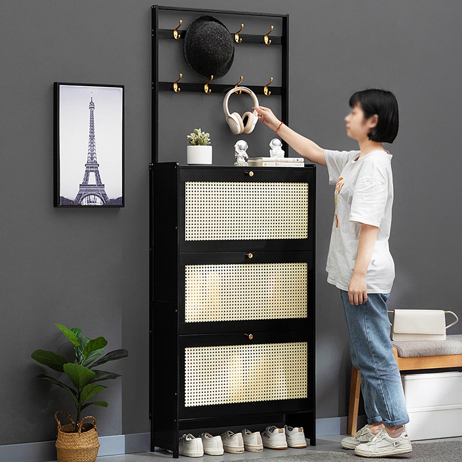 Zapatero con Puertas, Mueble Recibidor Entrada, Zapatero Bambu para 10-30 Pares, Zapatero Entrada Recibidor Nero, Mueble Zapatero De RatáN, para La Entrada O El Pasillo, Ahorro De Espacio