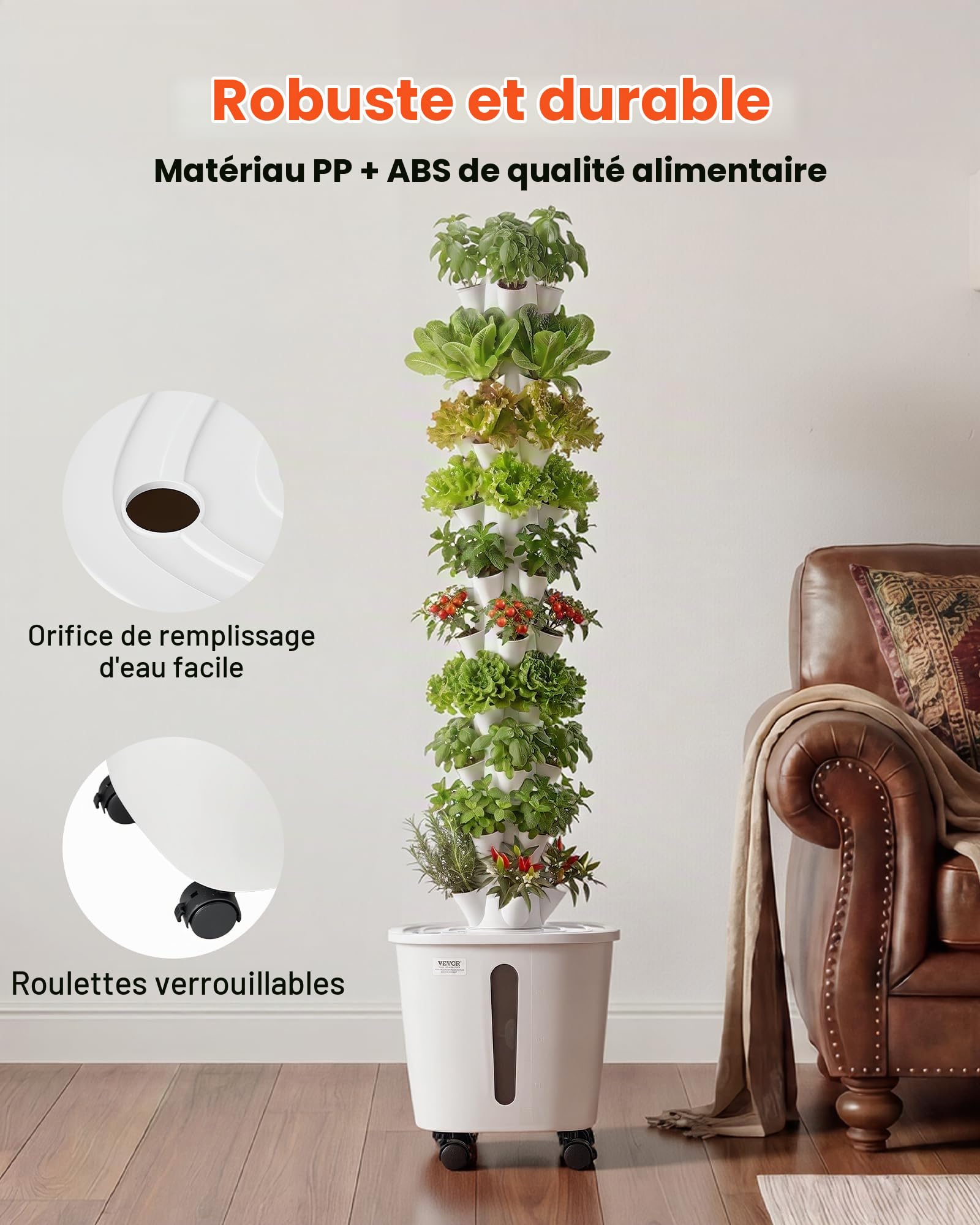 VEVOR Tour Hydroponique 10 Étages 50 Trous, Système de Culture Hydroponique pour Herbes, Fruits et Légumes, Jardin Vertical d'Intérieur avec Contrôle App, roulettes, Réservoir d'eau de 20 L et Pompe