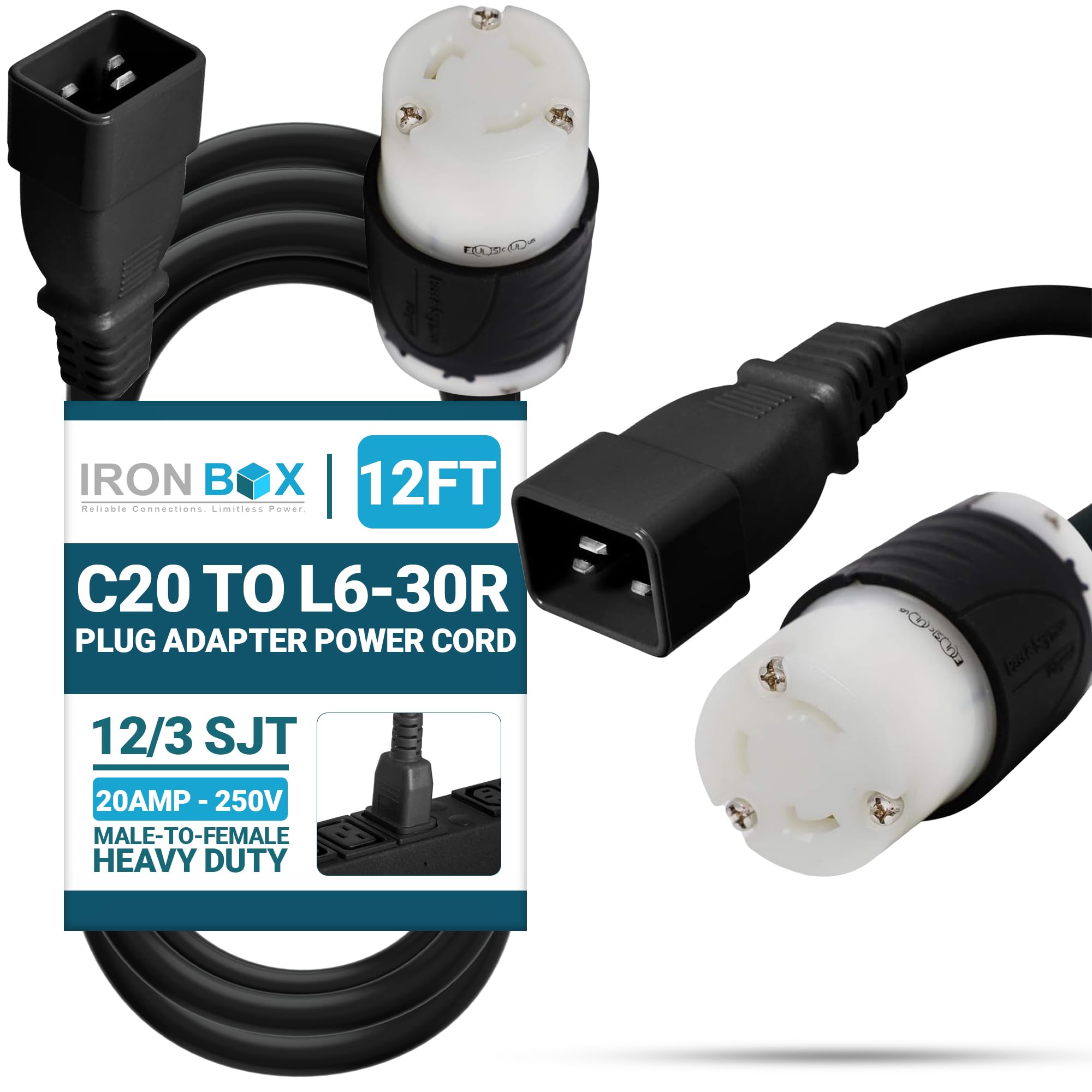 IronBox Electric IEC C20 to L6-30R Plug Adapter Power Cord - 20A, 250V, 12/3 SJT - UL Listed Power Supply - Heavy Duty Extension Cable for Data