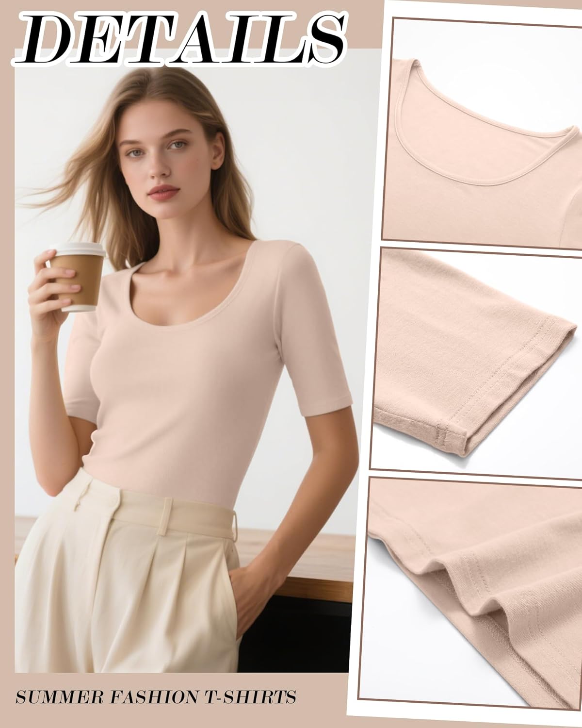 Ficerd 4 Pack Women's Scoop Neck Stretchy Tops Cotton Half Sleeve Slim Fit T-Shirts Tight Casual Basic Summer Tees(Apricot, Light Mocha, Light Gray, Black,Medium) - Image 6