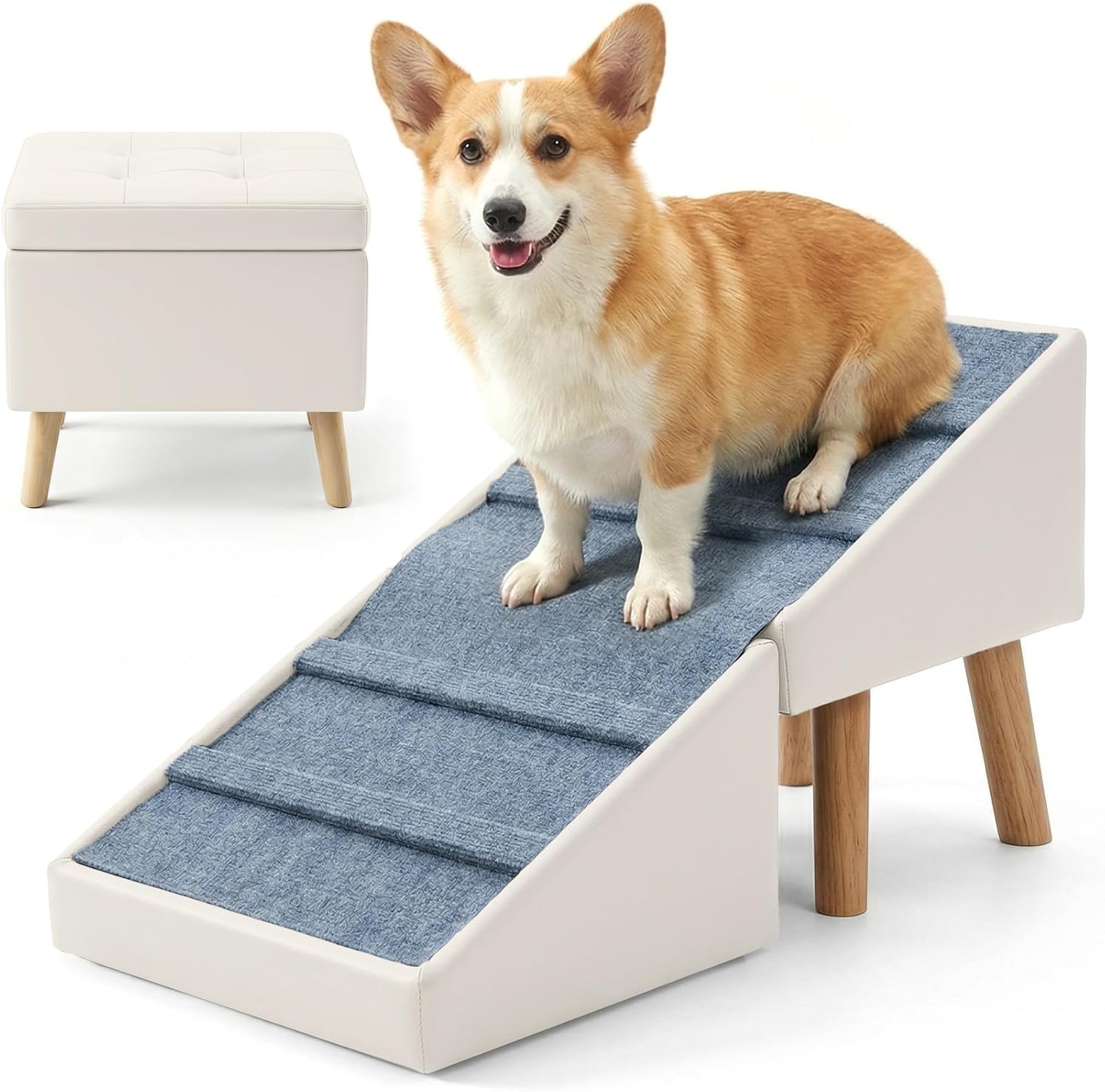 18.5" Extra Wide Dog Ramp for Small Dogs, 15.7" H 3-in-1 Foldable Ottoman & Hidden Storage Design Dog Stairs for Couch Sofa Bed, Non-Slip Pet Steps for Puppy Senior Injured Dogs (White)