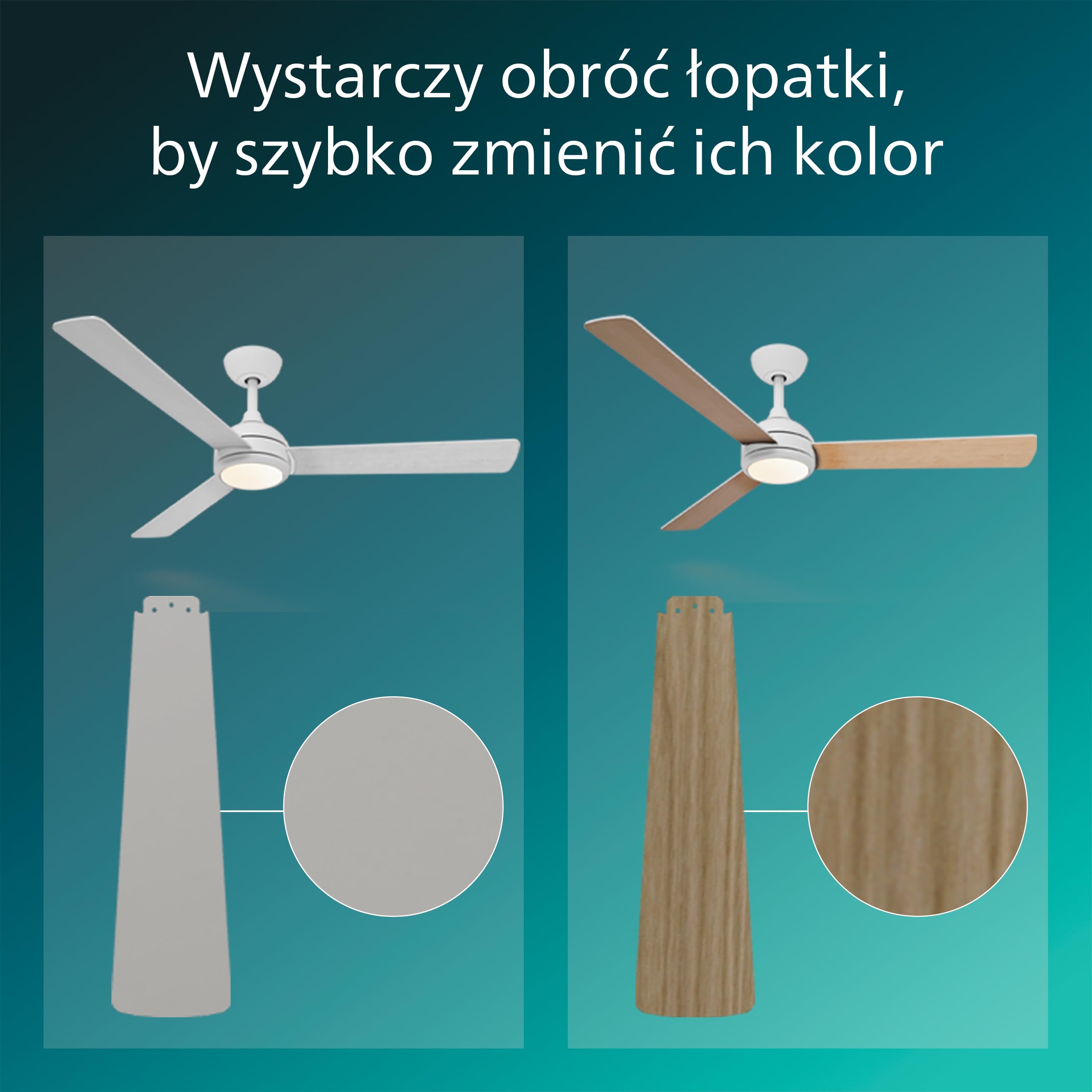 Wentylator Sufitowy Philips Civx LED, 3 Łopatki, Średnica 132 cm, 2500 Lumenów, Trzy Odcienie Białego Światła (3000 K / 4500 K / 6500 K), Ściemnianie do 10%, Pilot, Biały/Jasne Drewno