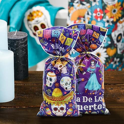Miniatura 7 de Day of the Dead - Bolsas de golosinas para dulces, 100 unidades Dia de Los Muertos, bolsas de golosinas mexicanas de 4 estilos de caléndula de