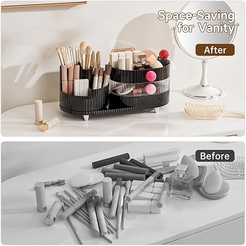 Miniatura 9 de Organizador de maquillaje para tocador con soporte giratorio de 360, almacenamiento de cosméticos y joyas de 3 capas, vitrina de maquillaje para