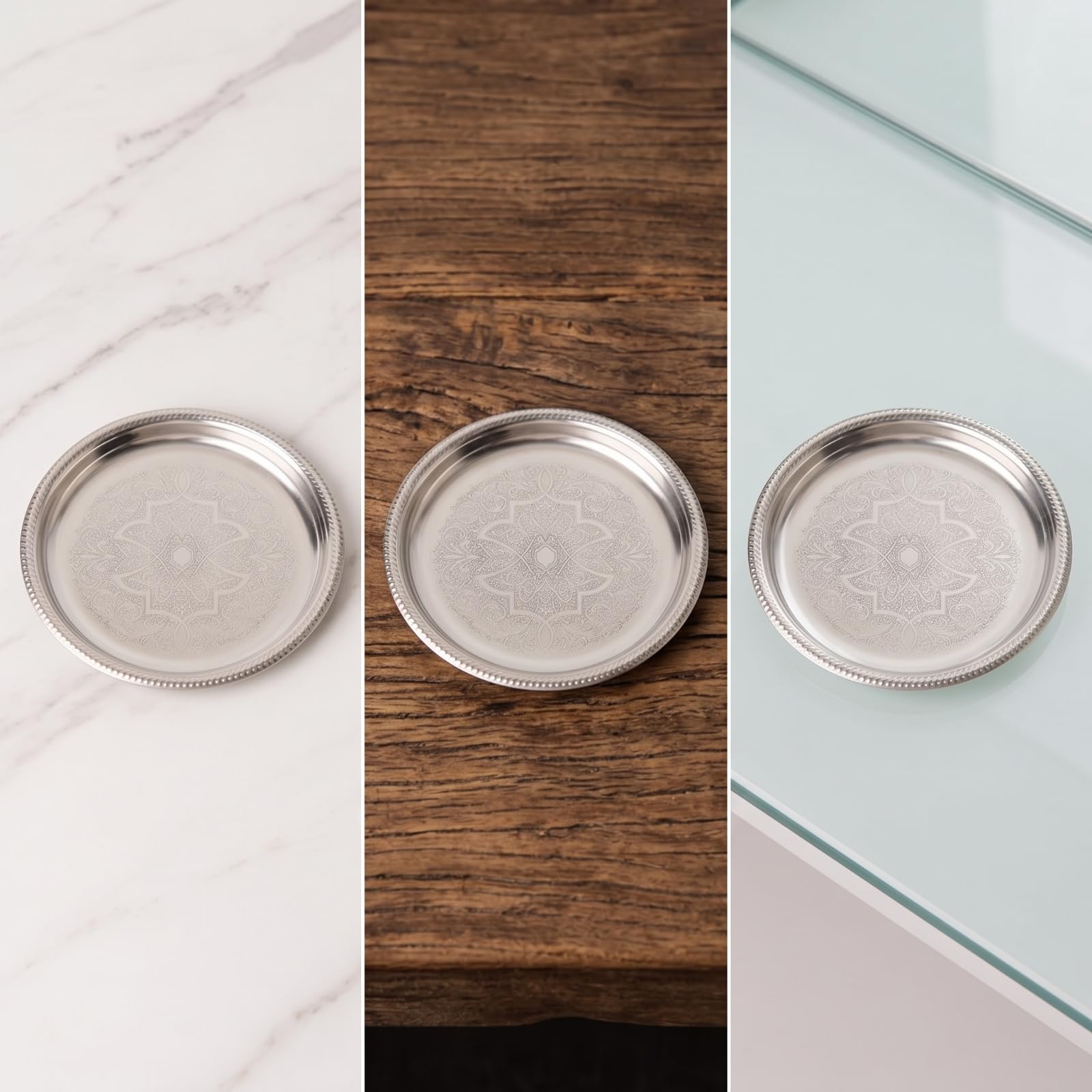 perfk Plato Circular Acero Inoxidable para Posavasos con Bor corativo Banja Metálica Elegante Resistente al Óxido para Servir Café Té O Chocolate Caliente, style to 1