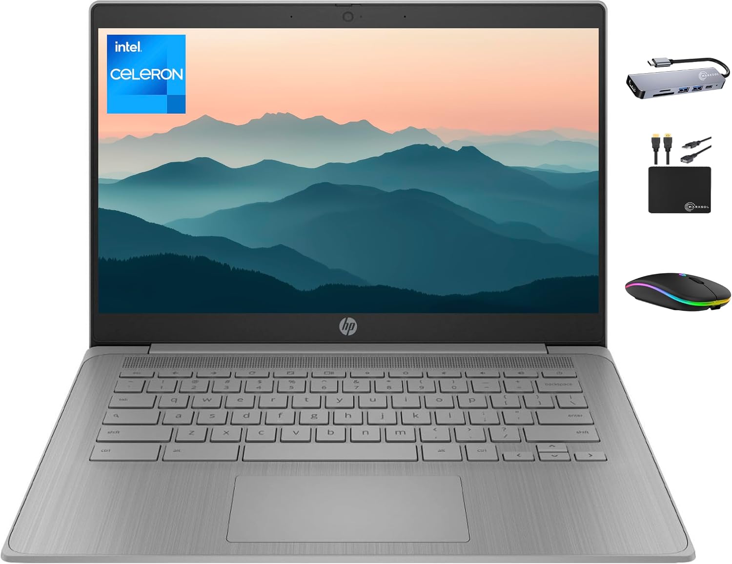 Chromebook 2025 Premium 14" HD Laptop Computer Light Slim Business, 4-Core Intel Processor, 4GB RAM, 192GB Storage (64GB eMMC+128GB Card), WiFi, Webcam, Long Battery, Chrome OS +MarxsolAccessory