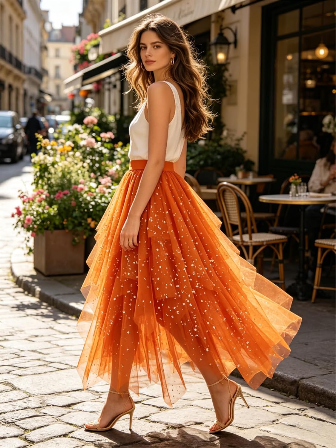 Women's Tulle Skirt High Low Layered A-Line Midi Fairy Skirt - Midi Length Irregular Tutu Skirt for Party 80s Outfit