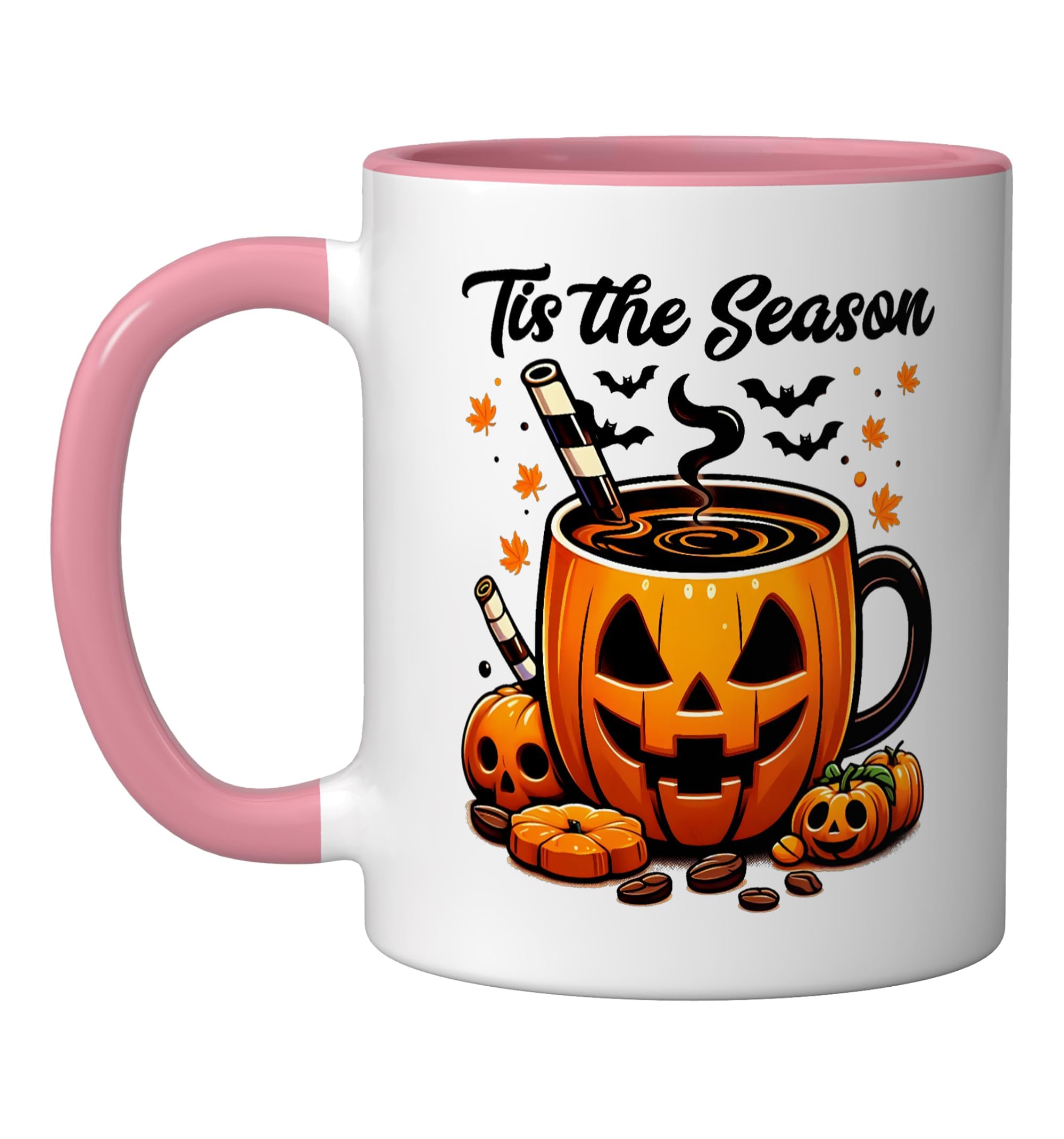 Tis The Season Halloween Pumpkin Spice Coffee Thanksgiving Ceramic Mug, Pink/White