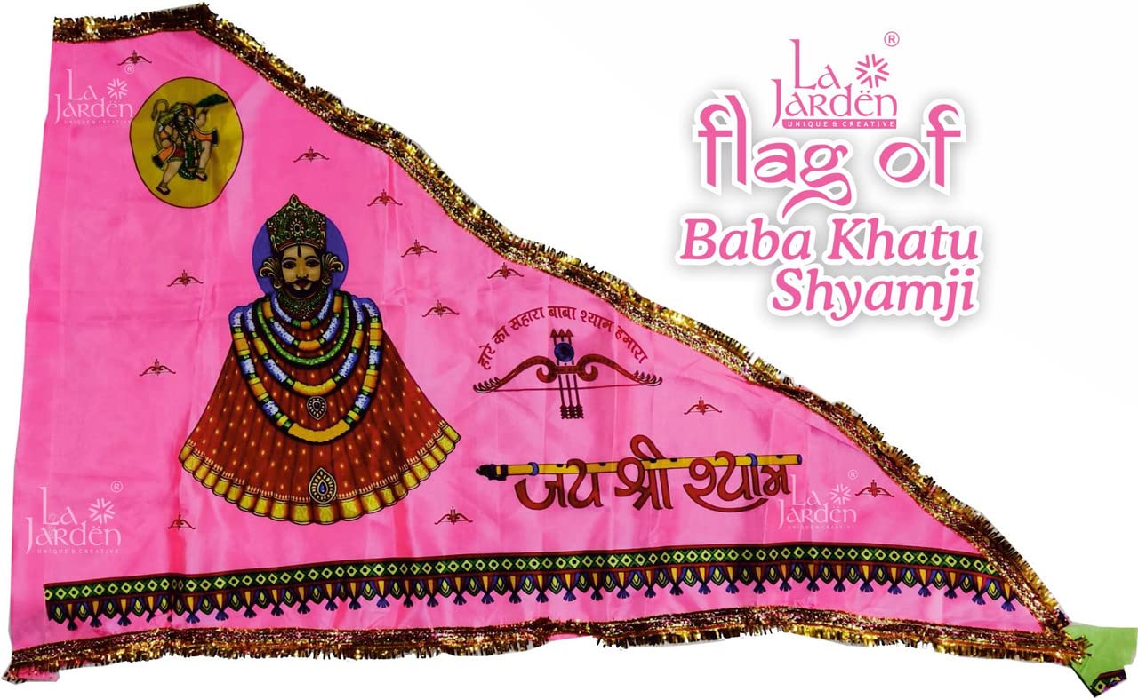 La Jarden? Large size 3x4.5 feet Shyambaba/Khatushyam ji Triangle Hand Flag khatu shyam ji flag | Shyam/Krishan Ji flag, One nos. (Pink)-picture-24