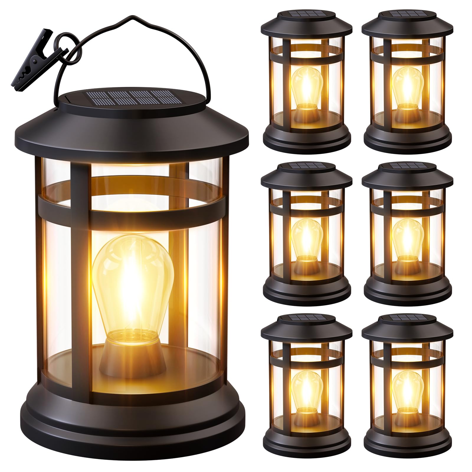 Faroles solares impermeables al aire libre: paquete de 6 luces solares colgantes para exteriores, patio, porche, jardín, decoración de mesa, iluminación LED brillante blanca cálida, funciona