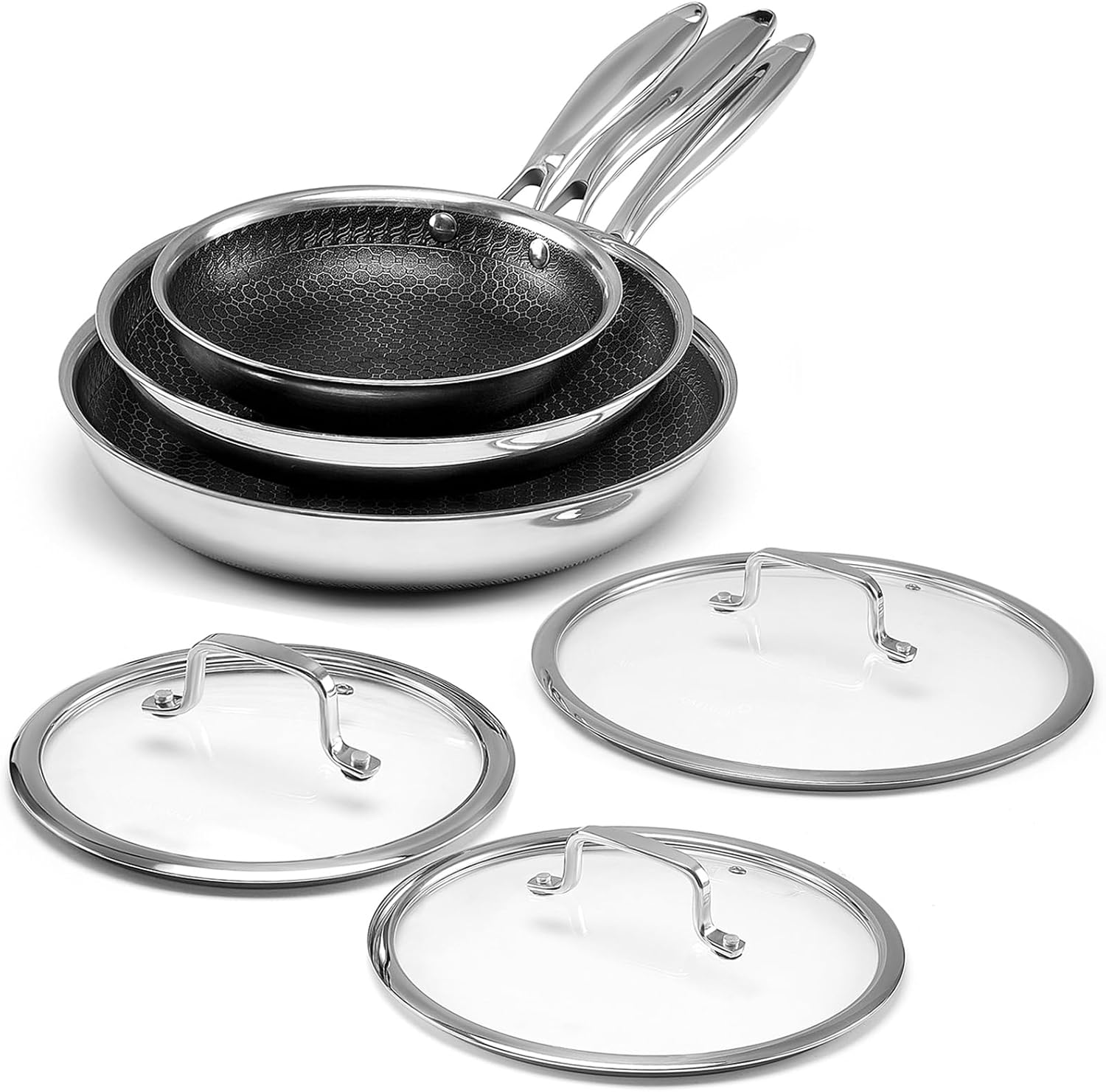 Non Stick Frying Pan Set, 8, 10 and 12-Inch Hybrid Non Toxic Fry Skillet with Lids, Dishwasher and Oven Safe, Induction Ready, Silver Kitchen Cookware set (7-Piece Pan Set)