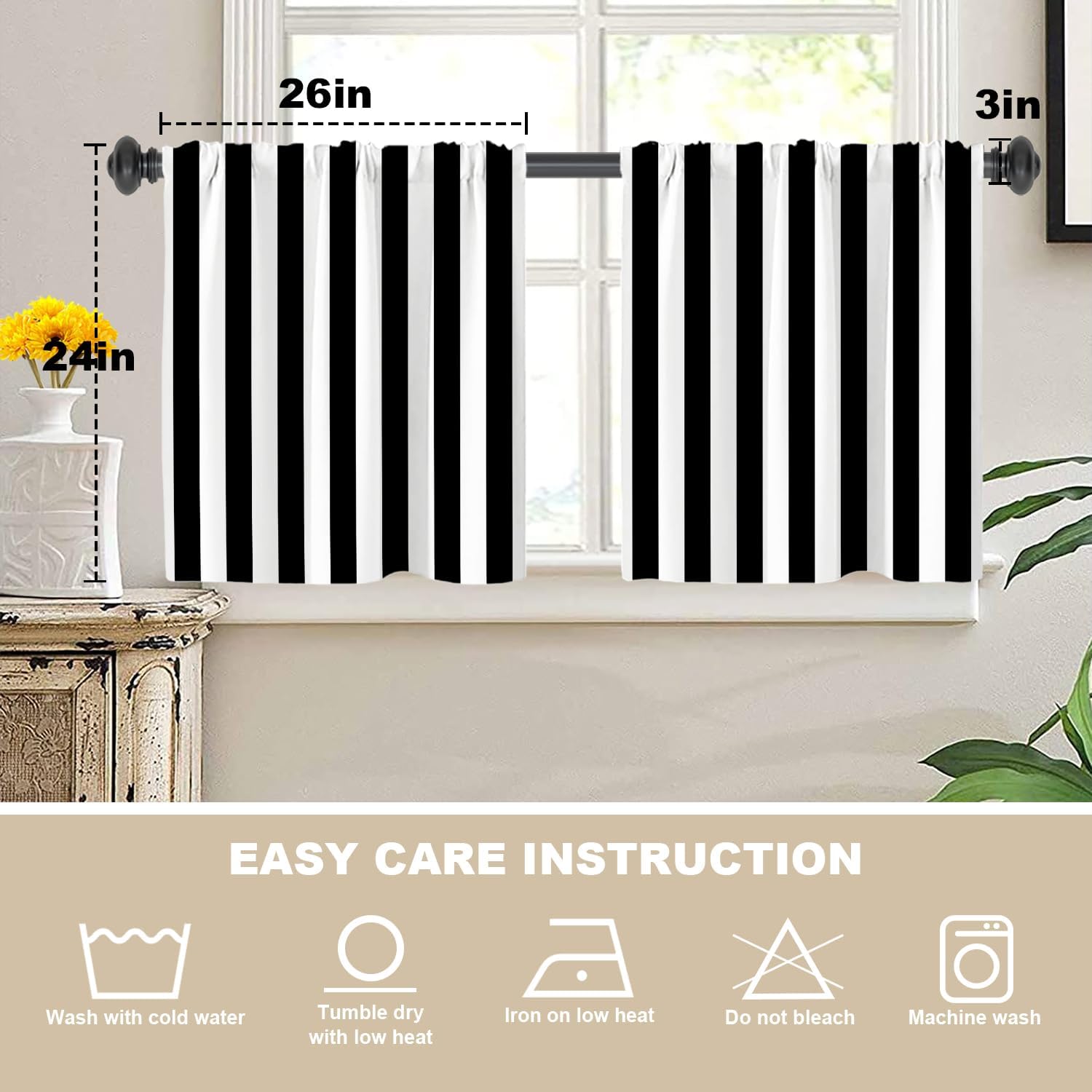 Black Modern Simple Striped Kitchen Tier Curtains for Windows,Black White Geometric Zebra Blackout Valances Multilayer Polyester Window Treatments for Kitchen 2 Pack 26X24 Inches