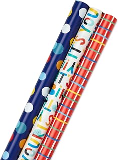 Hallmark Birthday Wrapping Paper Bundle with Cut Lines on Reverse (3-Pack: 55 sq. ft. ttl.) Bright and Holographic Prints and Patterns in Red, Blue, Yellow, White and More