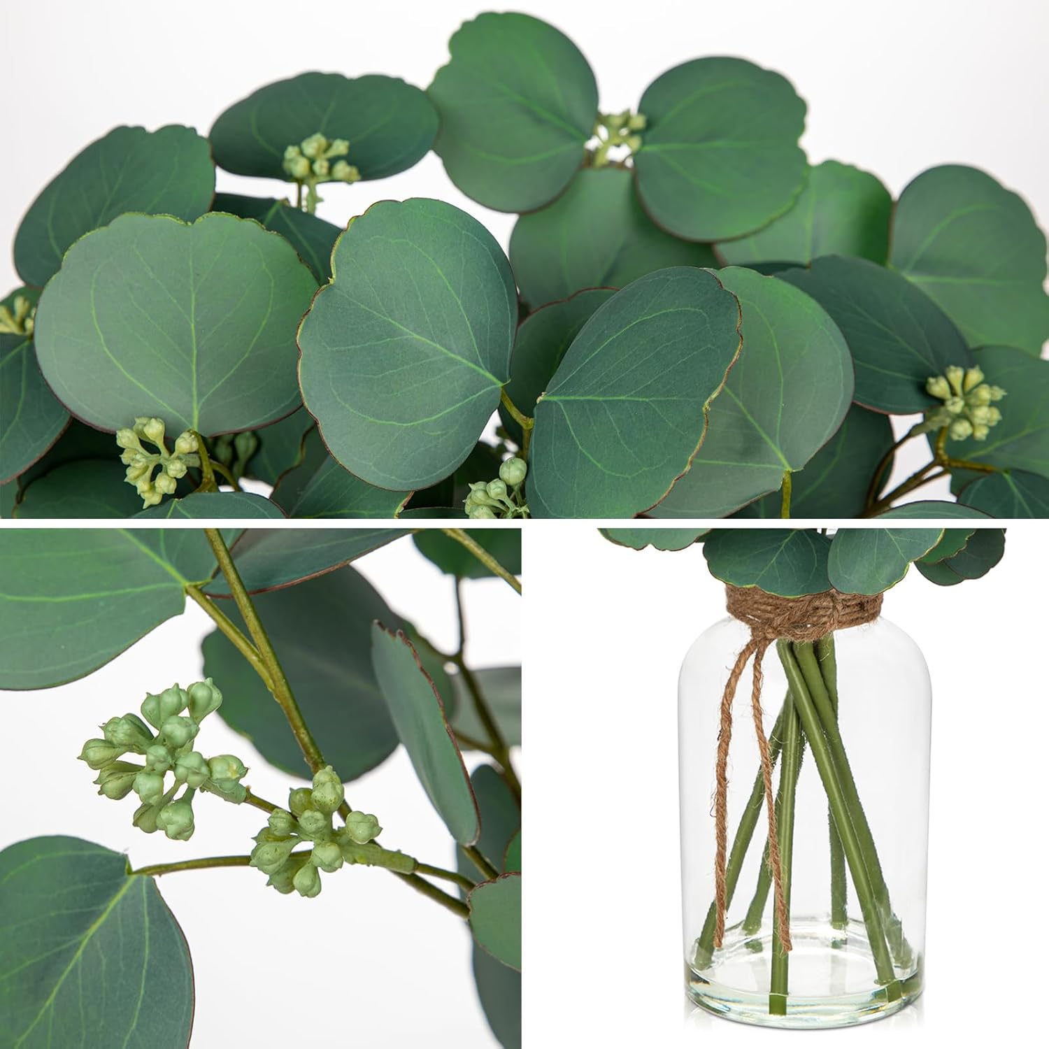 Fake Real-Touch Eucalyptus in Glass Vase with Faux Water – Realistic Faux Greenery Decor, 15.4" Tall, Artificial Silver Dollar Eucalyptus Arrangement for Home, Farmhouse, Kitchen, Bathroom, Office
