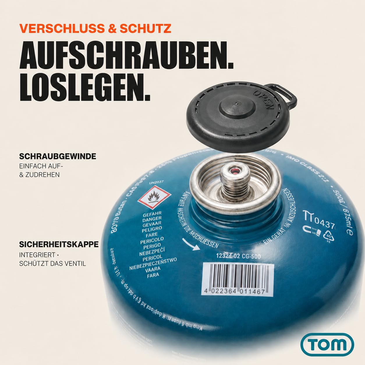 TOM Gaskartuschen 2 x, 4 x, 8 x oder 12 x 500 g Butan Propan Gas - Schraubkartusche Set – Kartuschen mit Sicherheits-Schraubgewinde – Butane Gas Kartusche ideal für Ihren Campingkocher (4 x 500g)