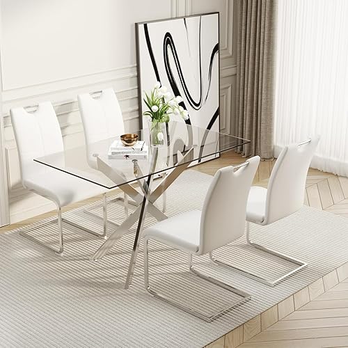 Miniatura 15 de Juego de mesa de comedor de vidrio de 51.18 pulgadas de ancho para 4, mesa de cocina rectangular moderna de vidrio con patas de metal dorado, 4 Mesa