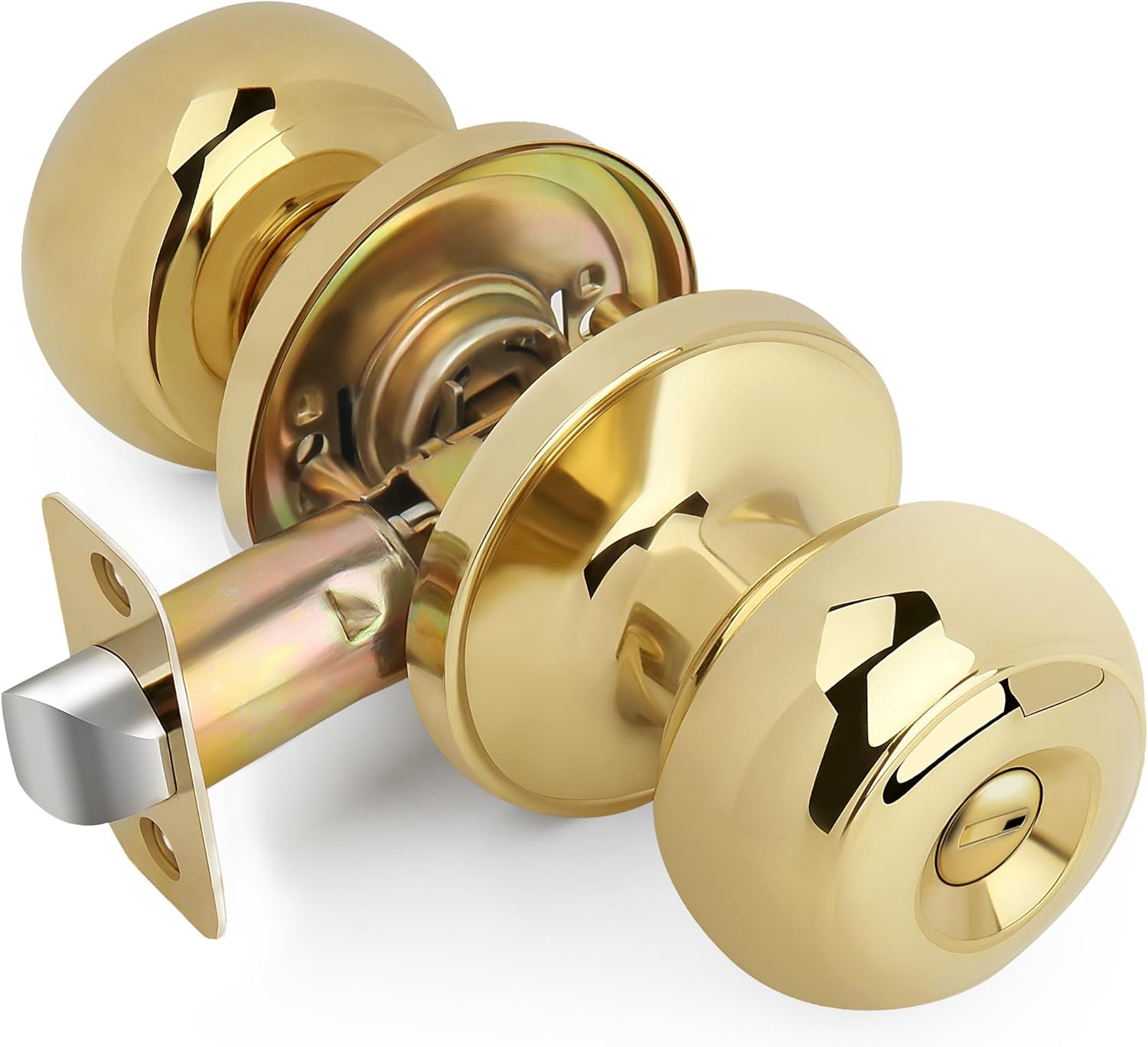 Keyless Privacy Door Knob, Flat Ball Interior Door Knob, Round Locking Doorknob for Bedroom/Bathroom Doors, Polished Brass