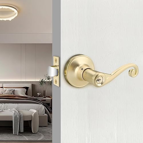 Miniatura 7 de Paquete de 1 manija de puerta dorada, manija de puerta de privacidad estilo ondulado (cerradura interior con giro del pulgar) para dormitorio, baño,