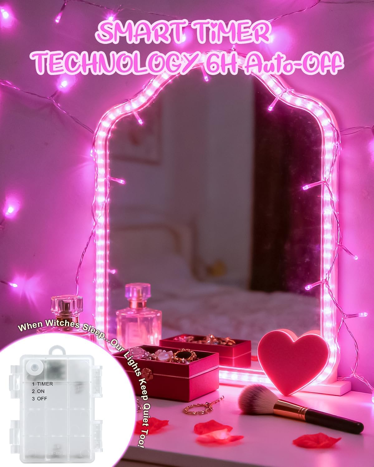 Pink String Lights Battery Operated, Valentine’s Day Lights with Timer Waterproof 16.4ft 50 LED Valentines Decorations for Outdoor Indoor Patio Party Garden Yard Decor 2 Packs image 4