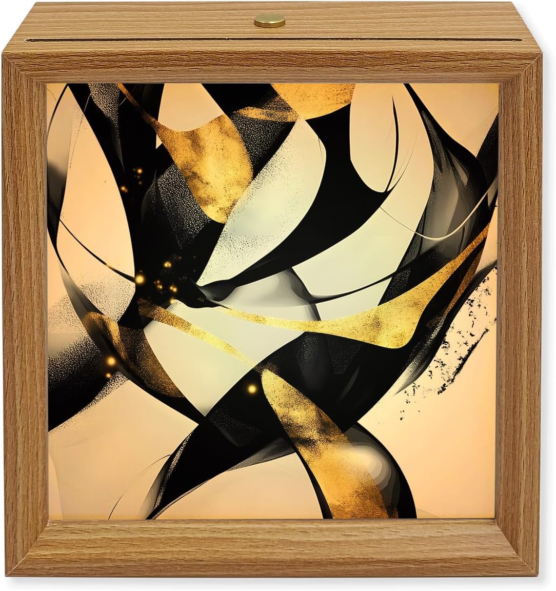 Wooden LED Night Light Box Abstract Black Gold White Lines Art Wood Picture Frame - USB Rechargeable Dimmable Touch Table Light for Home Decor or Desktop Display Modern Geometric Pattern,6.5in