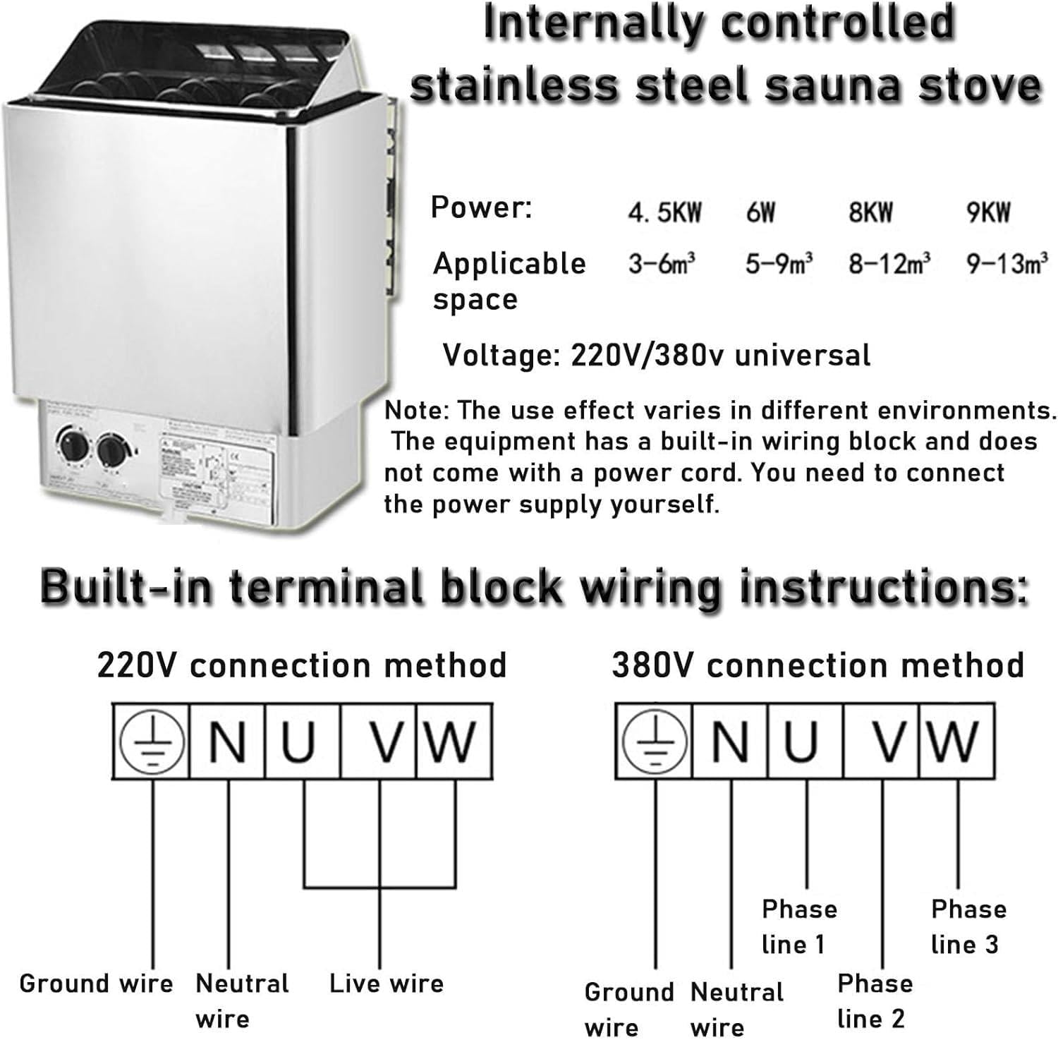 Riscaldatore elettrico per sauna domestica, riscaldatori per bagno turco secco, stufa per sauna, 3-9 kW, 220/380 V, stufa per sauna secca per spa, acciaio inossidabile, per casa/sauna 3.0KW/220V