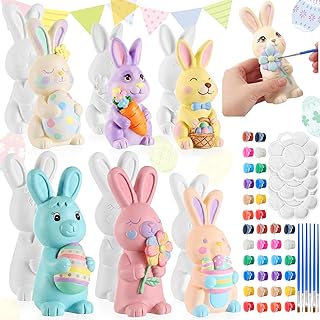 Zubebe 6 Pcs Easter Ceramics to Paint Bunny Kits Ready to Paint Your Own Easter Bunny Figurines 5.1 Inch 3D Unpainted Blank Ceramics with Brush and Palette Rabbit Statues for Craft (Simple Style)
