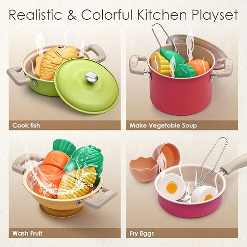 Miniatura 4 de Golray Juego de accesorios de cocina, juegos de comida para niños, juego de cocina con ollas y sartenes, utensilios de cocina, organizador, juguetes