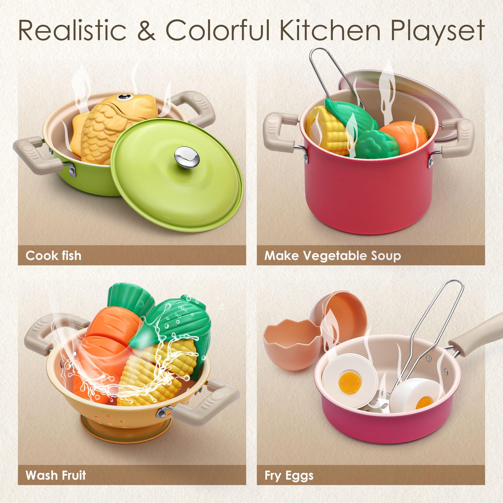 Tacobear Kinderküche Zubehör Kochset Topf Pfanne Edelstahl Kochgeschirr Set mit Obst Lebensmittel Schürze Spielküche Küchenzubehör Rollenspiel Spielzeug ab 3 Jahre Mädchen Junge Geschenk