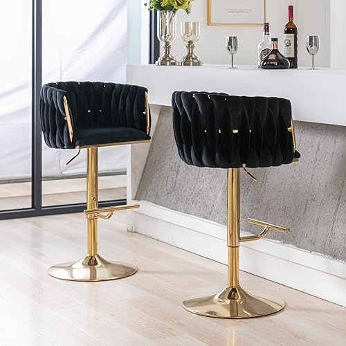 Miniatura 7 de LukeAlon Taburetes de bar giratorios de terciopelo, silla de bar moderna de altura ajustable con base dorada, respaldo tejido con reposapiés para el