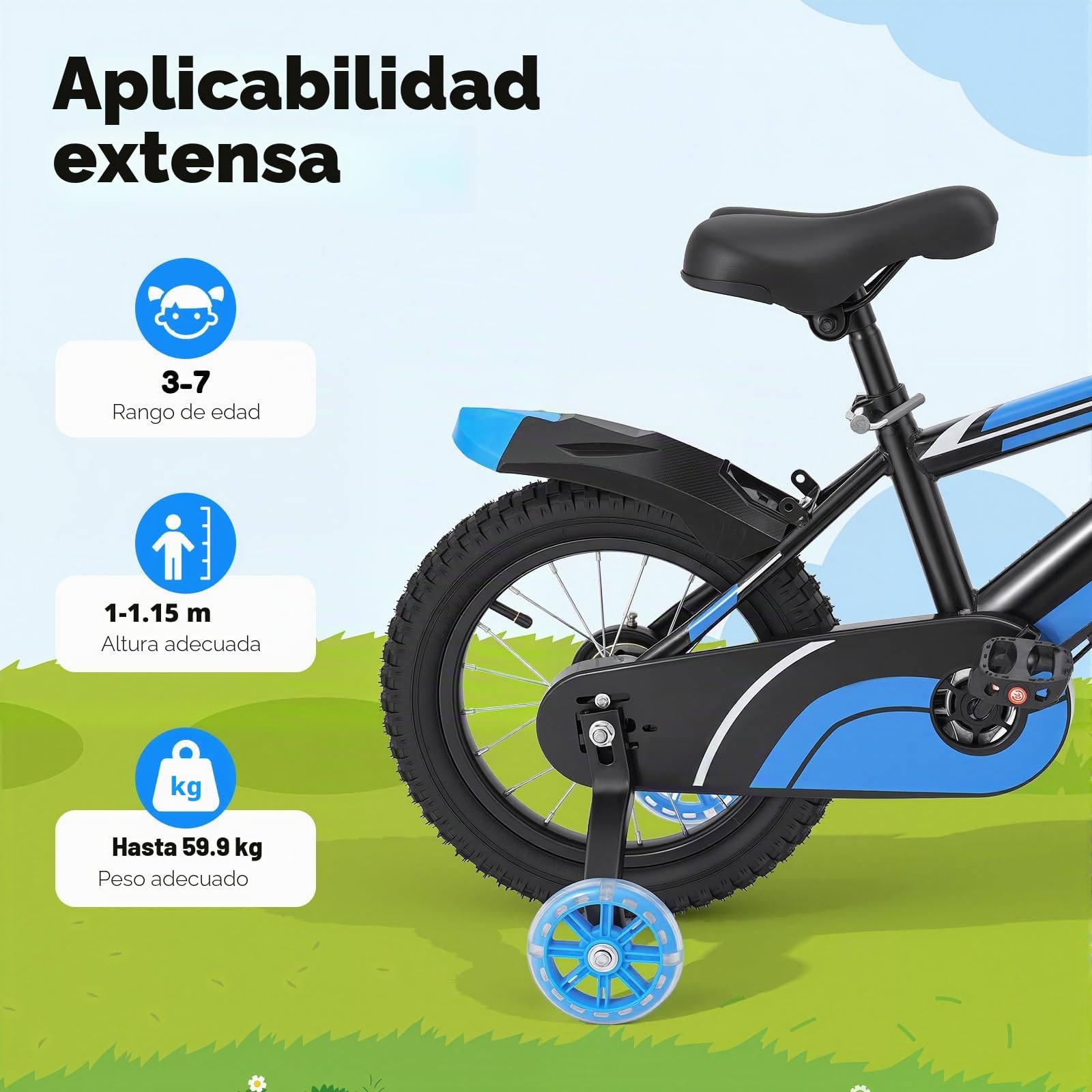 Bicicleta infantil de 14 pulgadas para niños de 3 a 7 años, bicicleta infantil ajustable con ruedines y botella, capacidad de carga 60 kg
