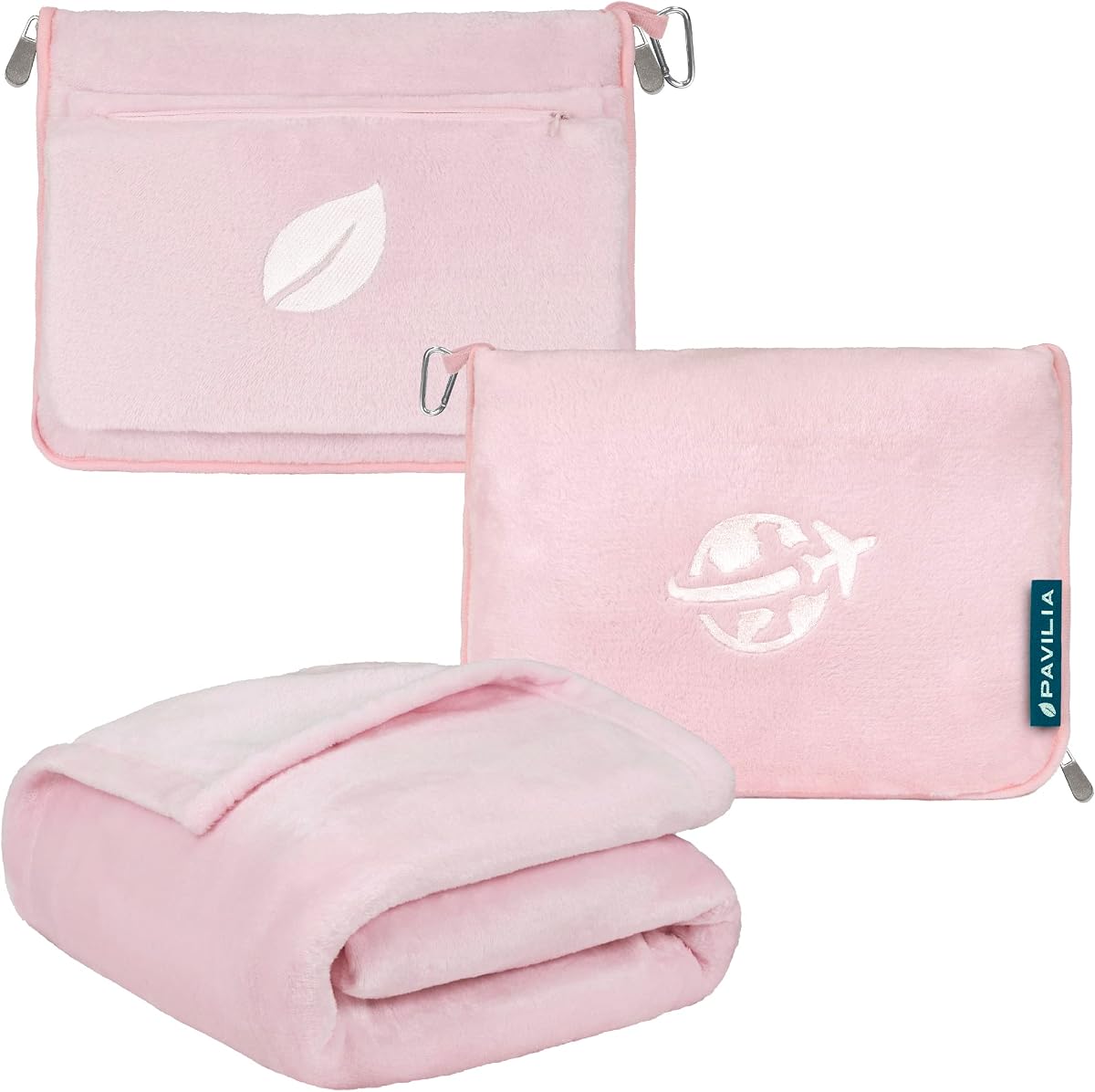 PAVILIA Manta de viaje y almohada, mantas de avión con apertura de brazos para adultos, manta de avión compacta con orificio para el brazo, bolsa 2 en 1 para vuelo, coche, camping, cabe en equipaje, mochila, regalo de viajero, rosa