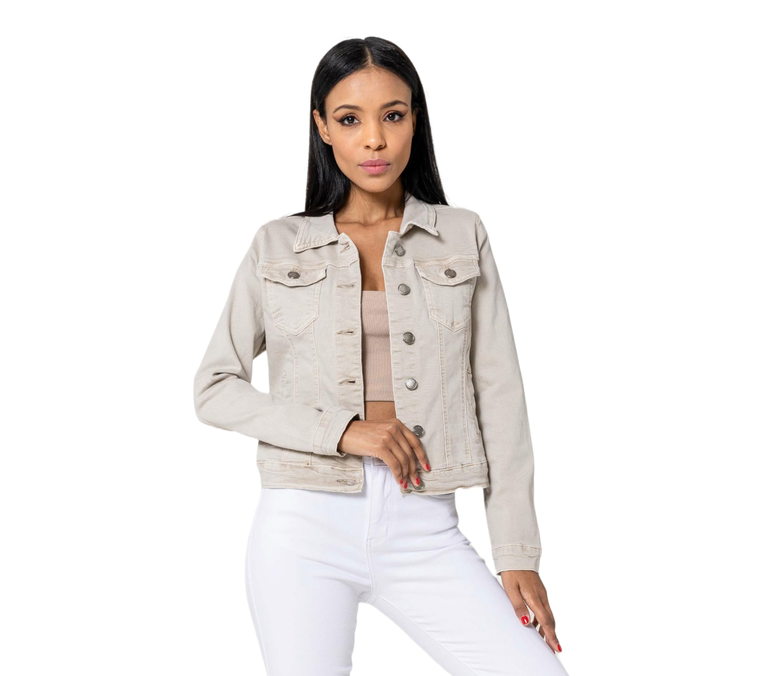 Nina Carter J212 Damska kurtka dżinsowa Slim-Fit – kolorowa kurtka przejściowa z kołnierzem Kent i kieszeniami – kurtka na wiosnę i lato, rozciągliwa