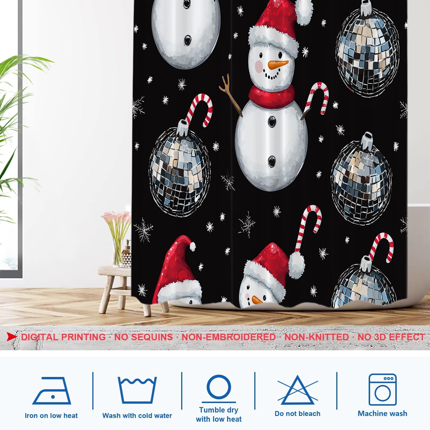 Shrahala Christmas Snowman Decorative Shower Curtain, Silver Disco Mirror Ball Bathroom Décor Polyester Fiber Waterproof with Plastic Rings for Shower Stall Bathtubs 72 x 60 in