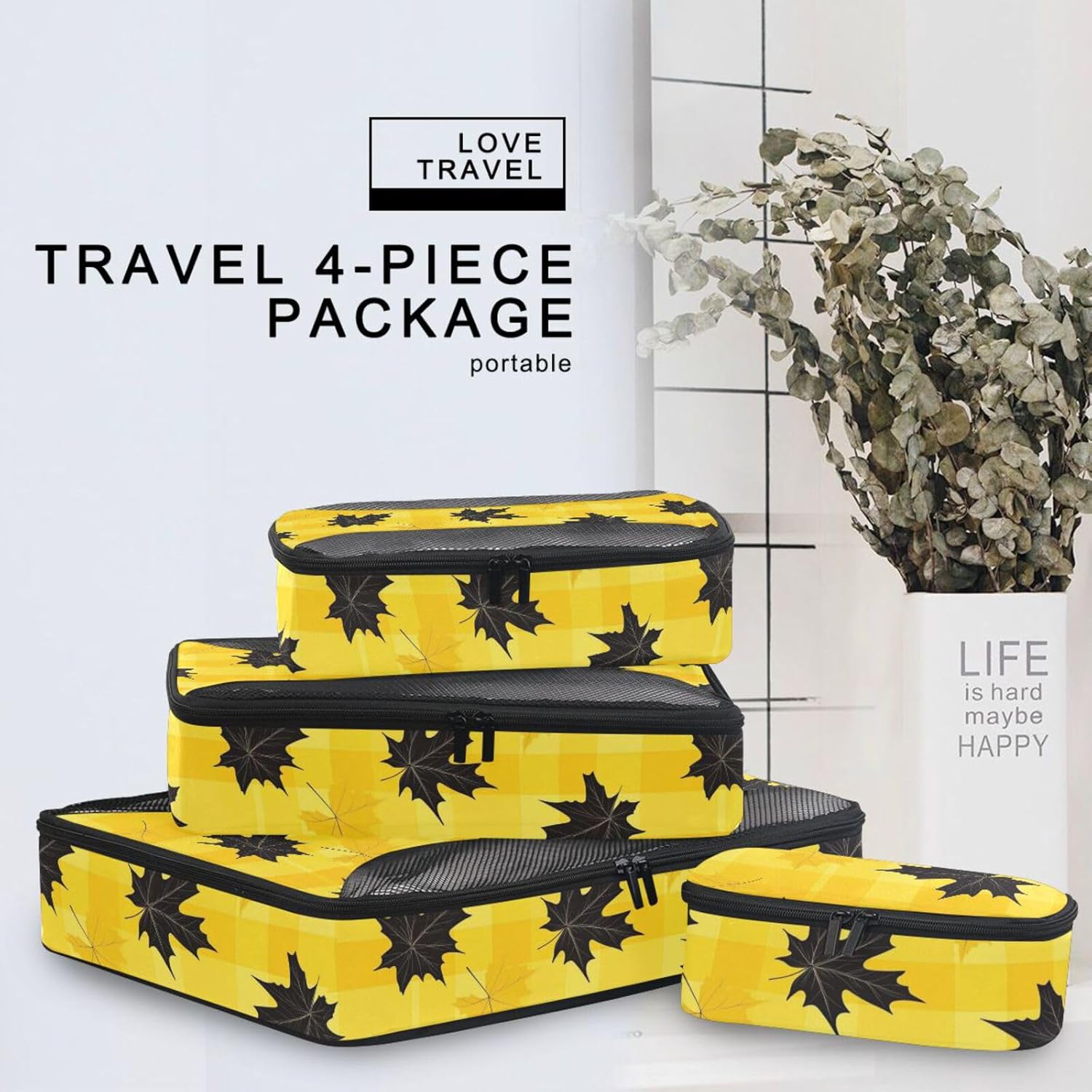 Yellow-black Maple Leaf Lattice 4 Pcs set organizer for travel Mesh Travel Essentials expandable compression packing cubes
