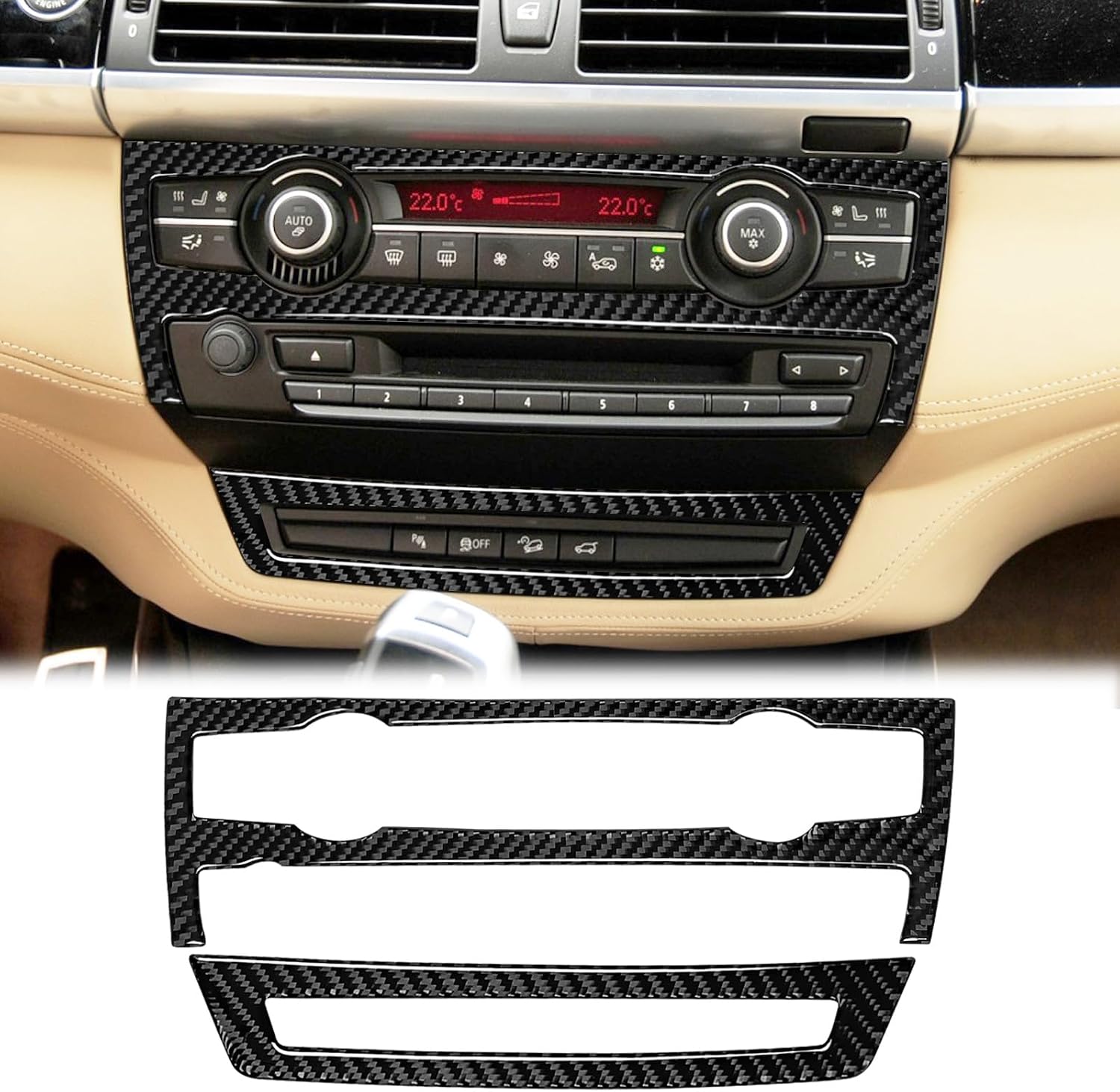 SUNJIKA Compatible with Carbon Fiber Center Consoles Air Conditioning Button Knob Panel Cover Trim Auto Car Interior Accessories for BMW X5 X6 E70 E71 2008 2009 2010 2011 2012 2013 (2pc Black B)