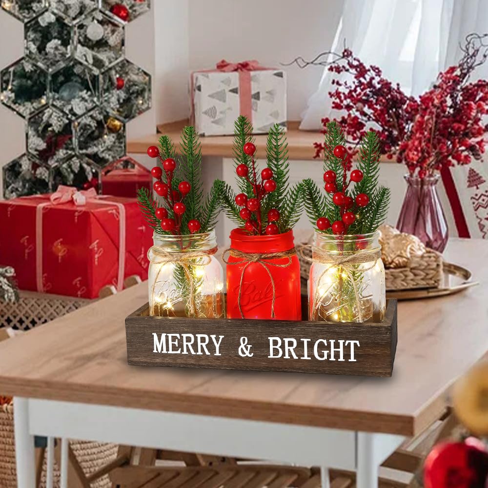 DIYDEC 3 barattoli decorativi natalizi da 7,6 x 12,7 cm, con vassoio in legno e fiori artificiali, ideali per l'inverno, le vacanze, la casa, centrotavola, decorazione regalo (rosso)