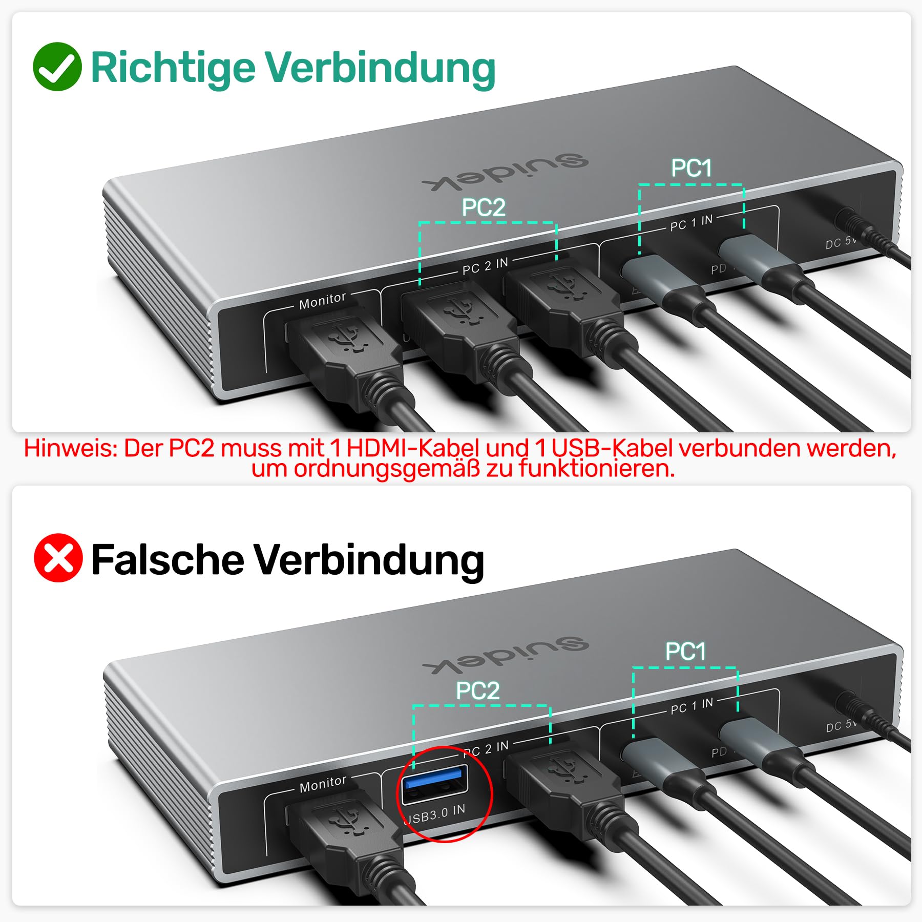SUIDEK USB-C+HDMI KVM Switch 2 in 1 Out 4K@60Hz Aluminium mit USB 3.0-Anschlüssen für 1 Laptop und 1 Desktop teilen 1 Monitor, Tastatur, Maus und Drucker, mit USB-Kabeln/Controller