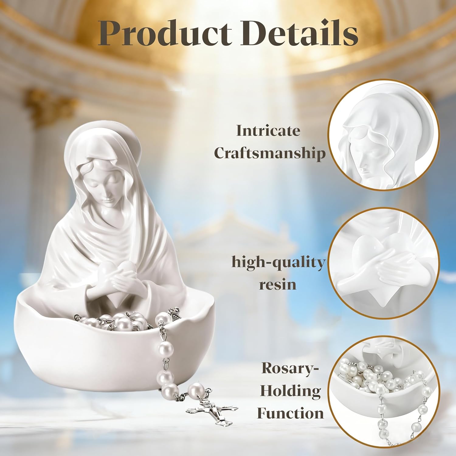 1 Set Our Lady of Grace Statue Virgin Mary Keepsake Rosary Holder with Cross Glass Pearl,5" Virgin Mary Rosary Holder,Catholic Gifts for Women Religious Home Decor - Image 3