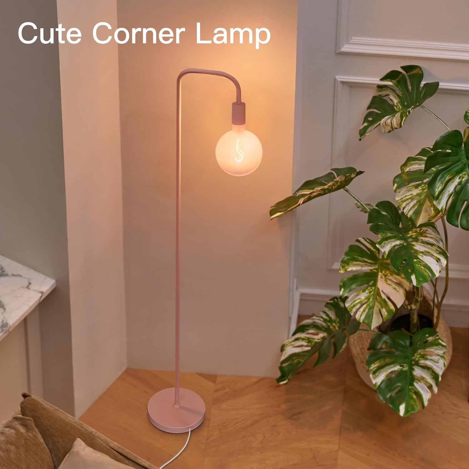 ONEWISH Pink Floor Lamp for Bedroom, Cute Standing Lamp with LED Bulb, Translucent Pink Globe Glass 2700k Warm Lighting. Globe Floor Lamp for Livingroom, Bedroom,Office