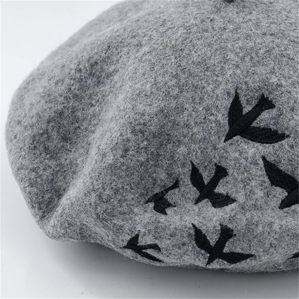 Wool French Beret Women Bird Embroidery Woolen Female Black White Gray Ladies Painter Hat
