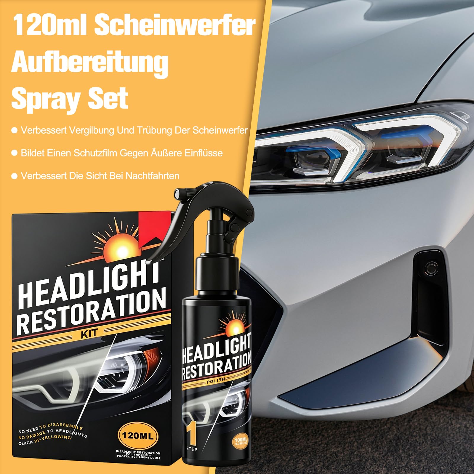 120ml Scheinwerfer Aufbereitung Spray Set, Car Headlight Cleaner, Headlight Restoration Polish Kit, Restores Clarity & Shine, für Reinigt Poliert Vermattete Vergilbte