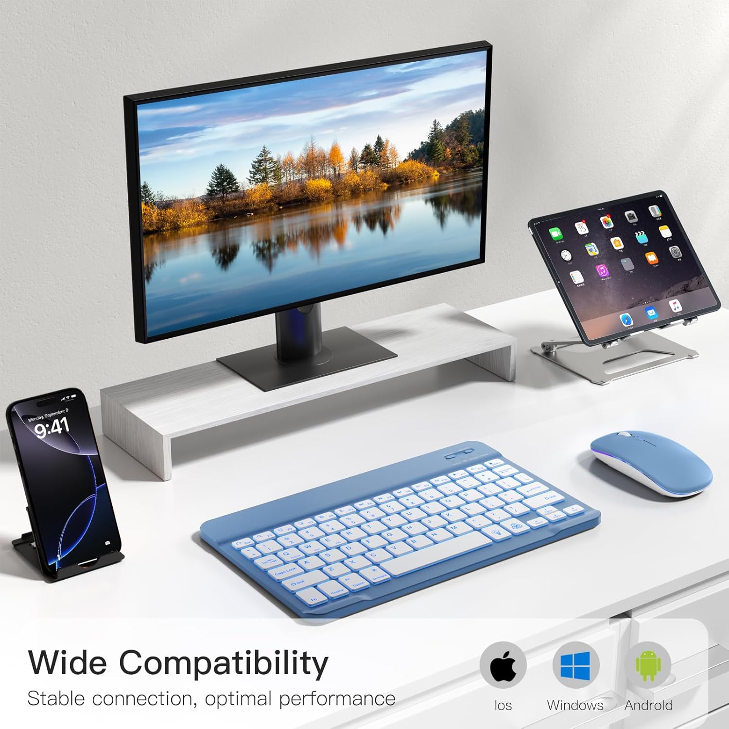 Hamile Bluetooth Keyboard and Mouse for iPad - Rechargeable Wireless Keyboard for iPad 11th/10th/9th Gen, Pro/Air/Mini, iPhone, Ultra-Slim Tablet Keyboard and Mouse with 7-Color Backlit, Blue