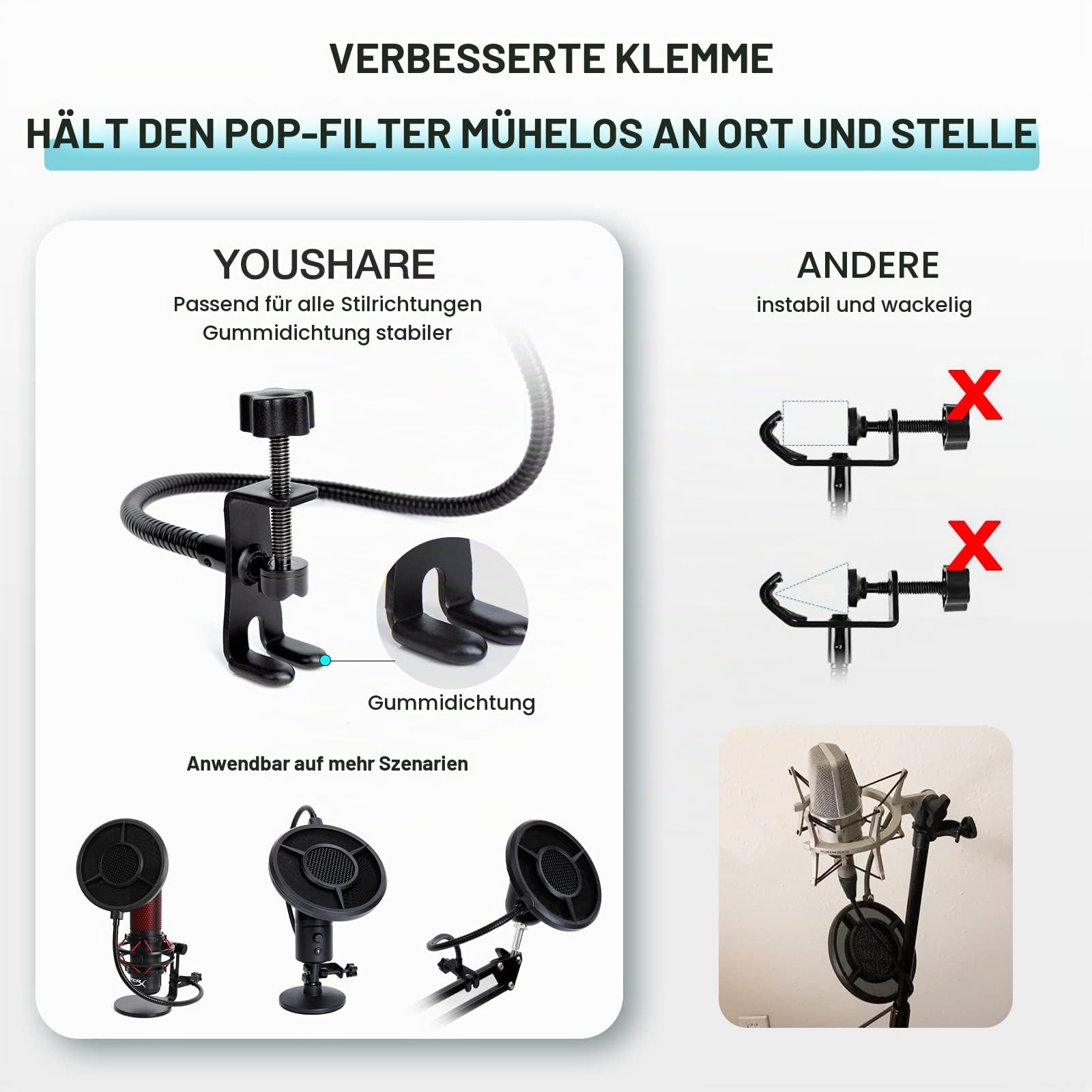 YOUSHARES Popschutz Mikrofon 6-Lagen Pop filter – Mikrofon Popschutz Schallschutz kompatibel mit Blue Yeti, HyperX QuadCast, Razer Seiren und anderen Mic, Metall Windschutz Mikrofon Pop Schutz