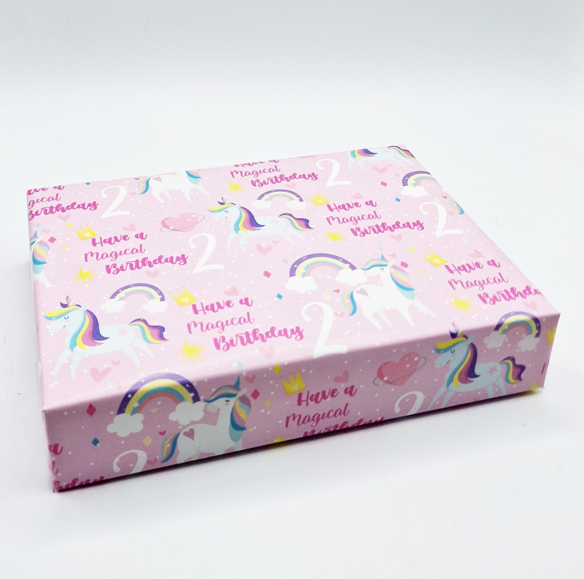 4 Sheets 4 Tags 2nd Birthday Unicorn Theme Girl Pink Wrapping Paper Age 2 Cute Unicorn and Rainbow Design Birthday Giftwrap Female Pink (PA)