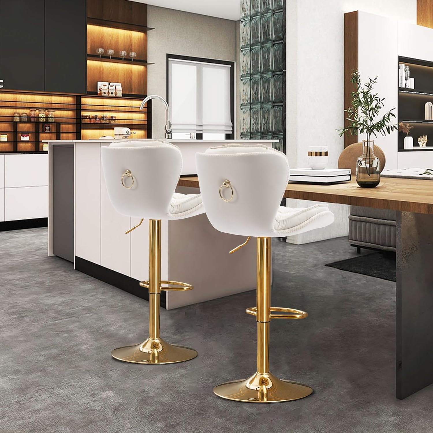 Swivel Bar Stools Set of 4 Counter Height Barstools with Back Velvet Upholstered Adjustable Stool Chair Min Century Modern Bar Stool Sillas para Barra De Cocina Bar Stools for Kitchen Island (Cream)