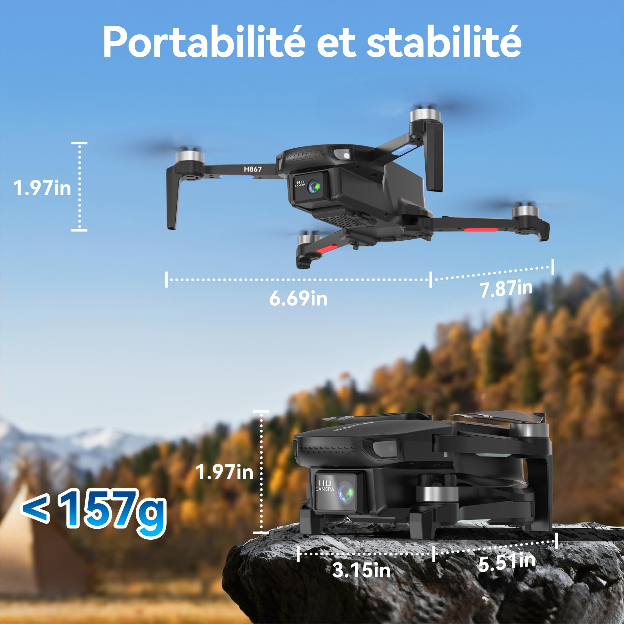 H867 Drone avec Caméra 4K pour Adultes et Débutants, Moteur Sans Balais, Quadricoptère RC Pliable avec 2 Batteries, Mode Sans Tête, Retournements à 360°(Noir)(Standard)