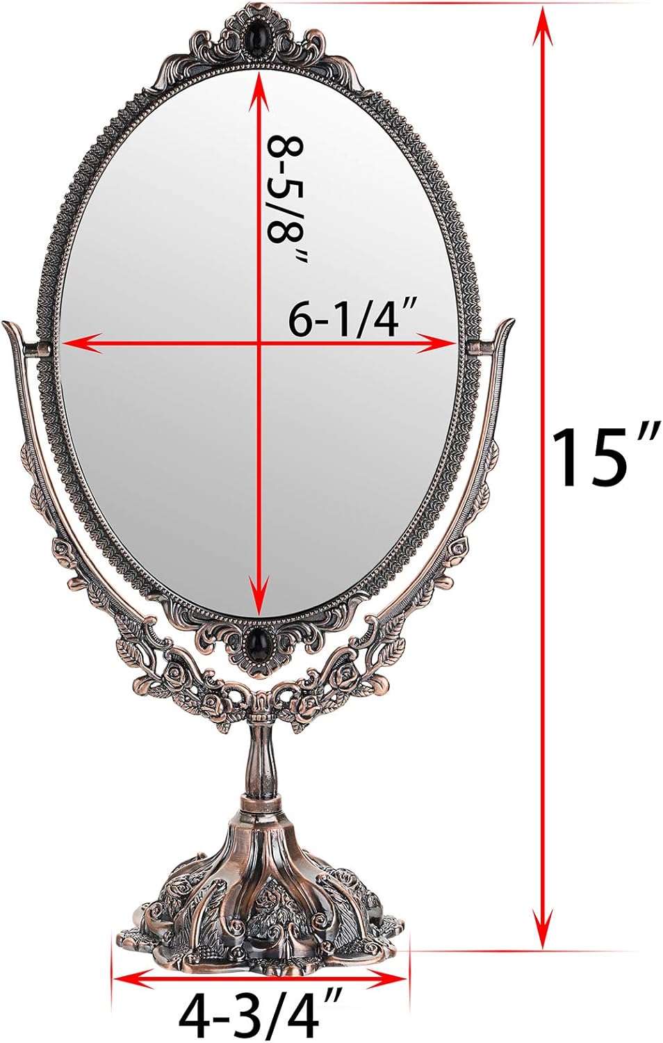 JUXYES Metal Tabletop Antique Decorative Makeup Mirror with Stand, Vintage Swivel Double Sided Cosmetic Mirror with Frame, Retro Desktop Oval Dressing Mirror for Bathroom Bedroom