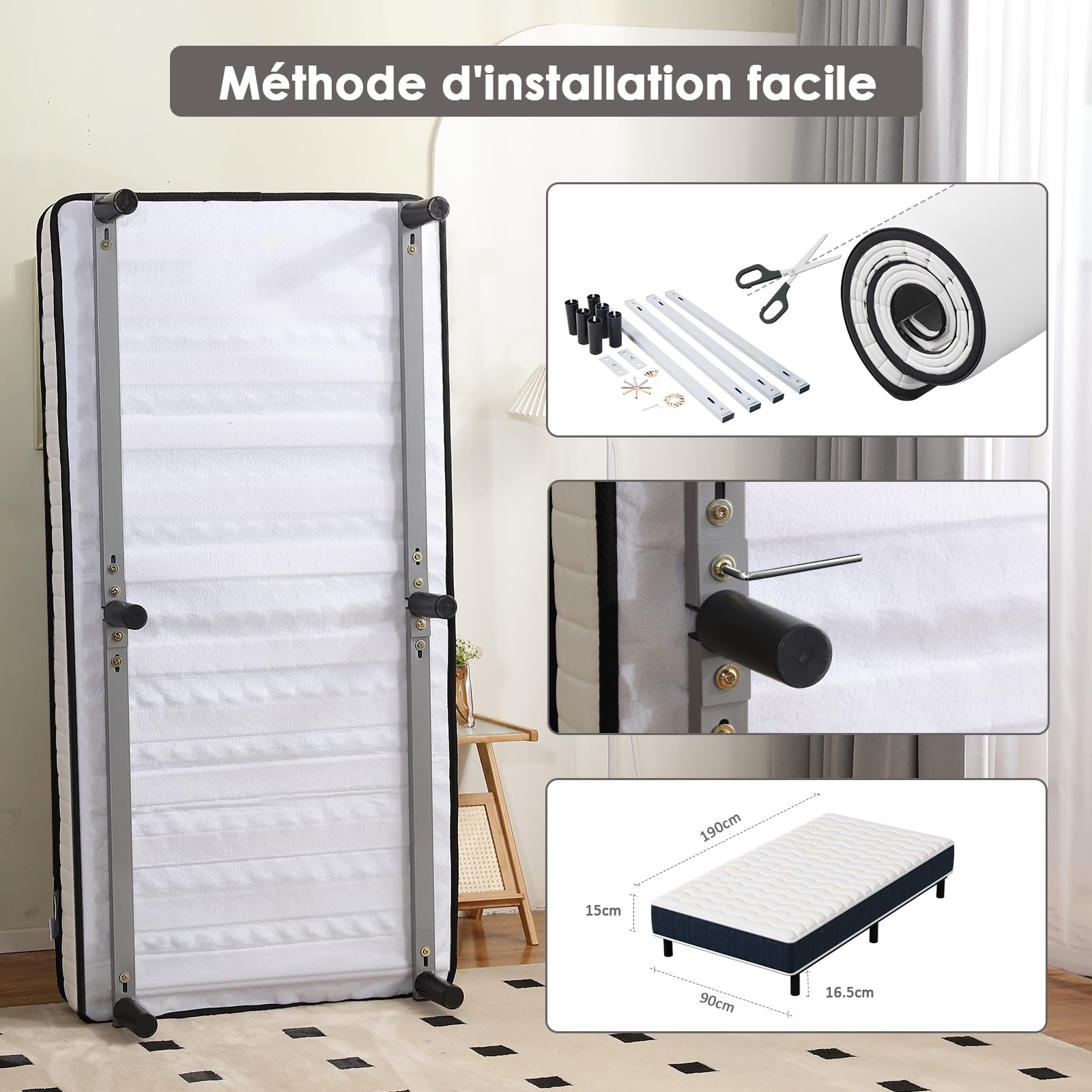 TEENO Ensemble Matelas et Sommier 90x190cm, Matelas Mousse à Mémoire, Cadre de lit en Fer 9 Pieds, 15cm, 7 Zones
