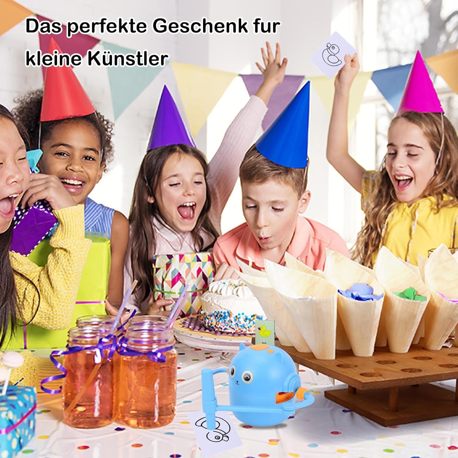 Topiky Magic Zeichenroboter für Kinder ab 3+, Malroboter für Kinder, Interaktiv mit 100 Lernkarten & Stiften – Pädagogisches Mal-Spielzeug (Blau)