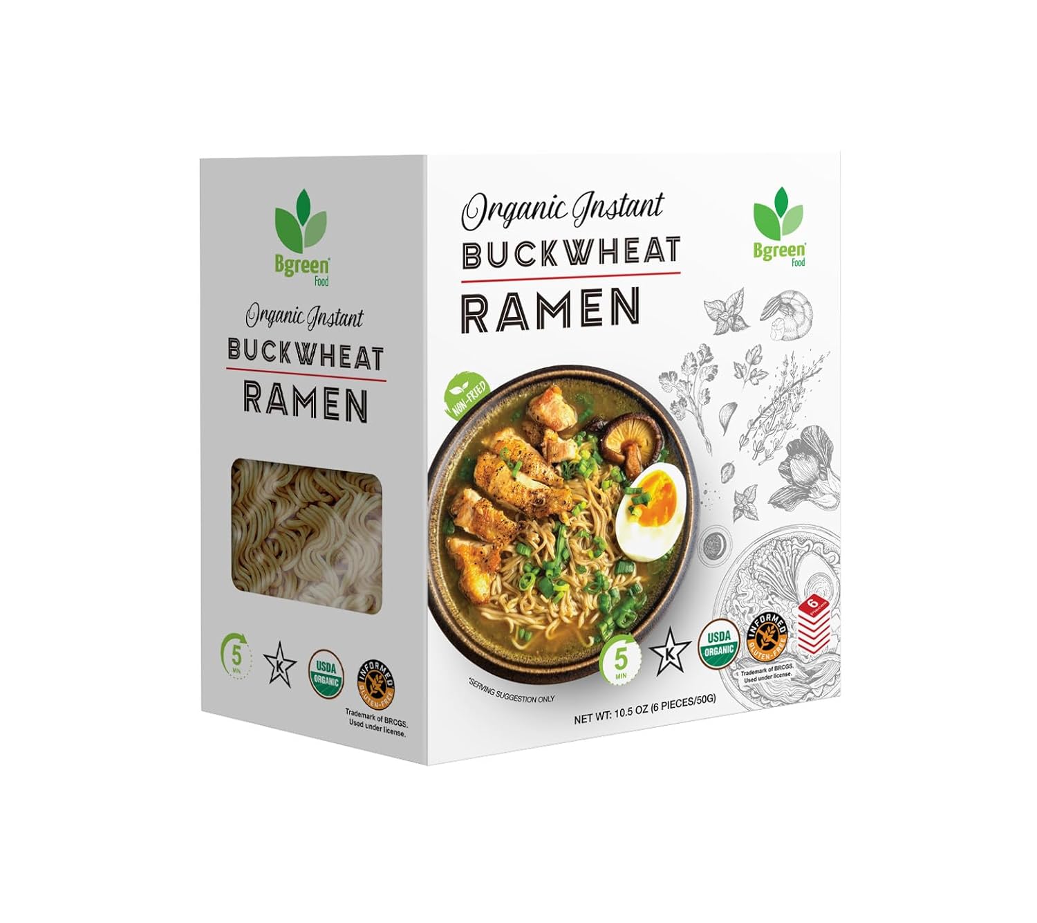 Big Green Organic Food - Organic Instant Buckwheat Ramen, USDA Organic, Add Directly to Broth, Ready to Eat Meals, Air-Dried, Non-Fried (12 Box)